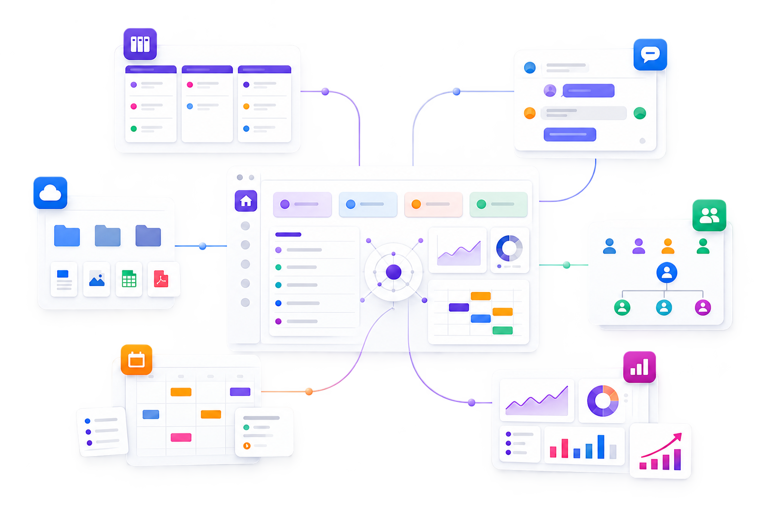 Connected Pviser workspace with projects, chat, drive, HR, calendar, analytics and AI