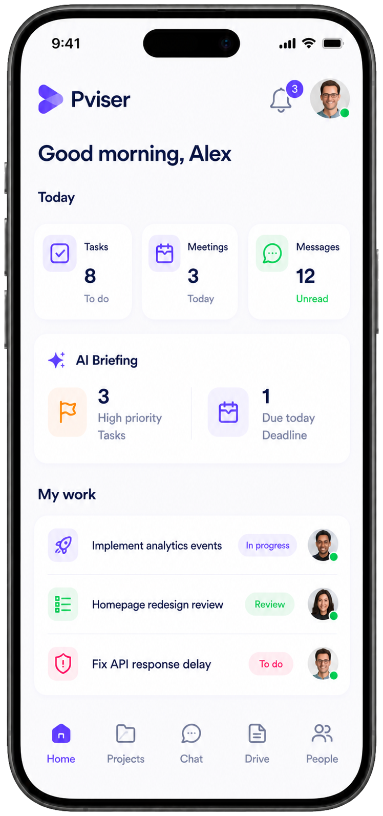 Pviser mobile home screen shown inside an iPhone